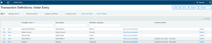 Exemple de page Définitions de transaction pour Ventes.