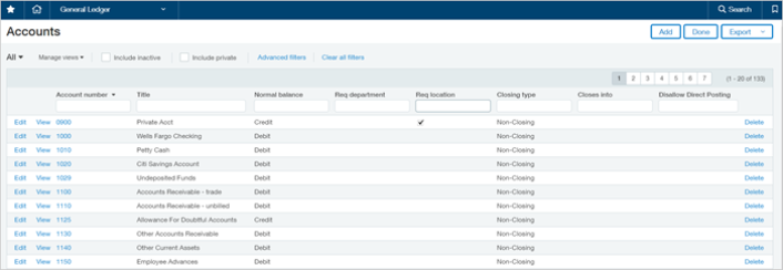 La page Comptes de l’interface utilisateur affiche une liste de comptes.