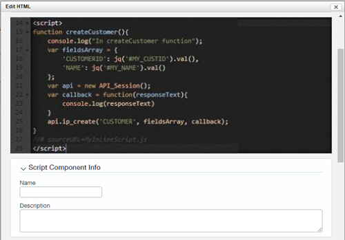 Champs Nom et Description sous l’en-tête Informations sur le composant de script.