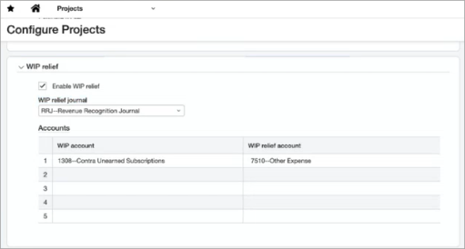 Configurer les projets affichant la section Exonération WIP