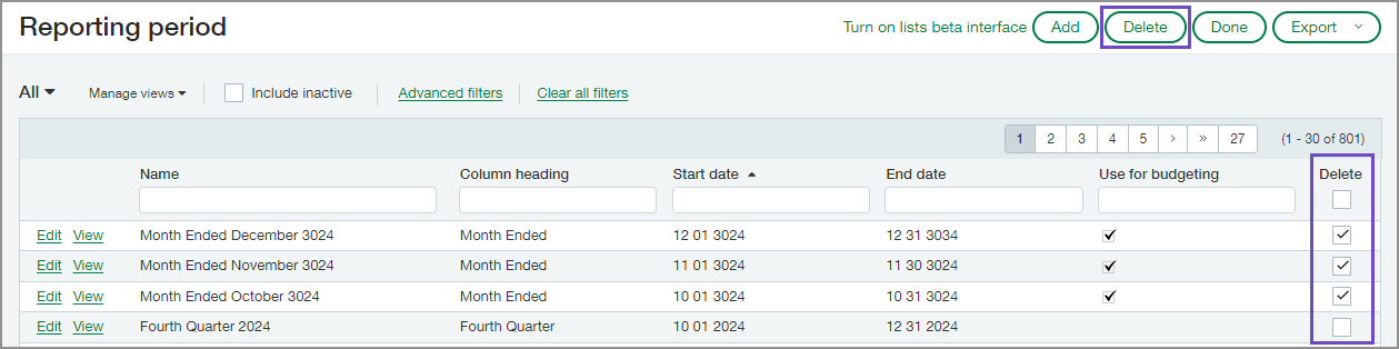 Page de période de référence avec la case à cocher Supprimer activée pour deux périodes de référence.