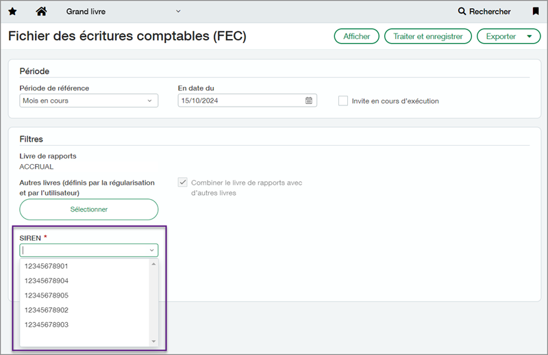 Capture d’écran de la page du fichier des écritures comptables en français avec légende pour la sélection du SIREN