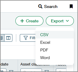 Bouton Exporter avec options d’exportation CSV, Excel, PDF et Word