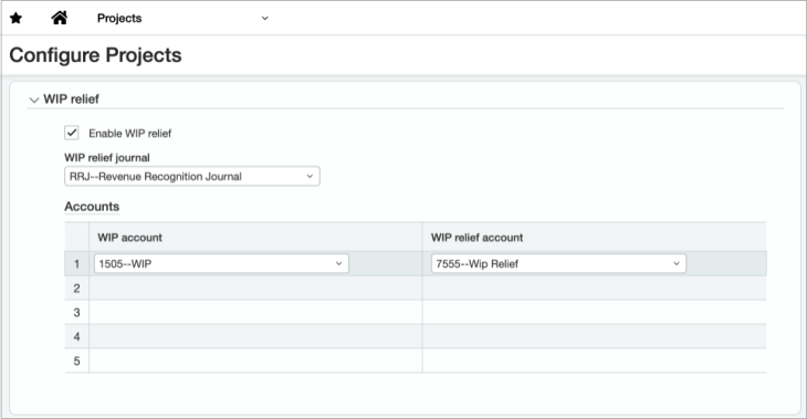 Configurer les projets affichant la section Exonération WIP