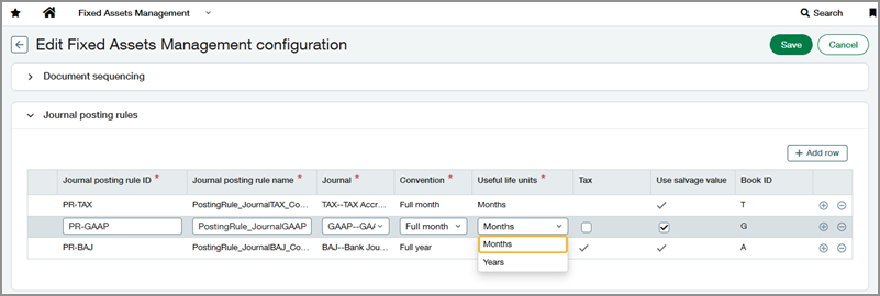Tableau des règles de comptabilisation dans les journaux dans la configuration de l’application Gestion des immobilisations.
