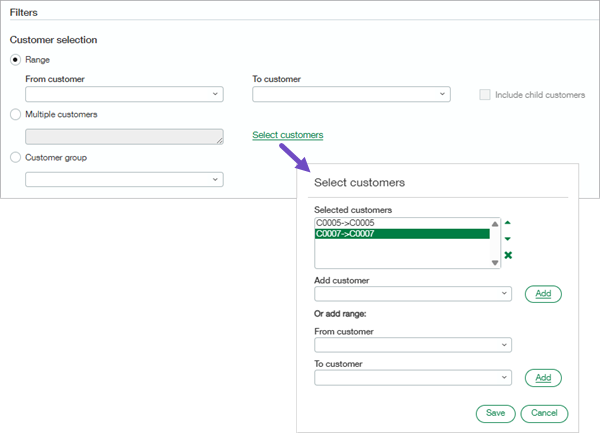 L’option Sélectionner les clients ouvre une fenêtre contextuelle dans laquelle vous pouvez sélectionner les clients individuellement ou dans des plages.