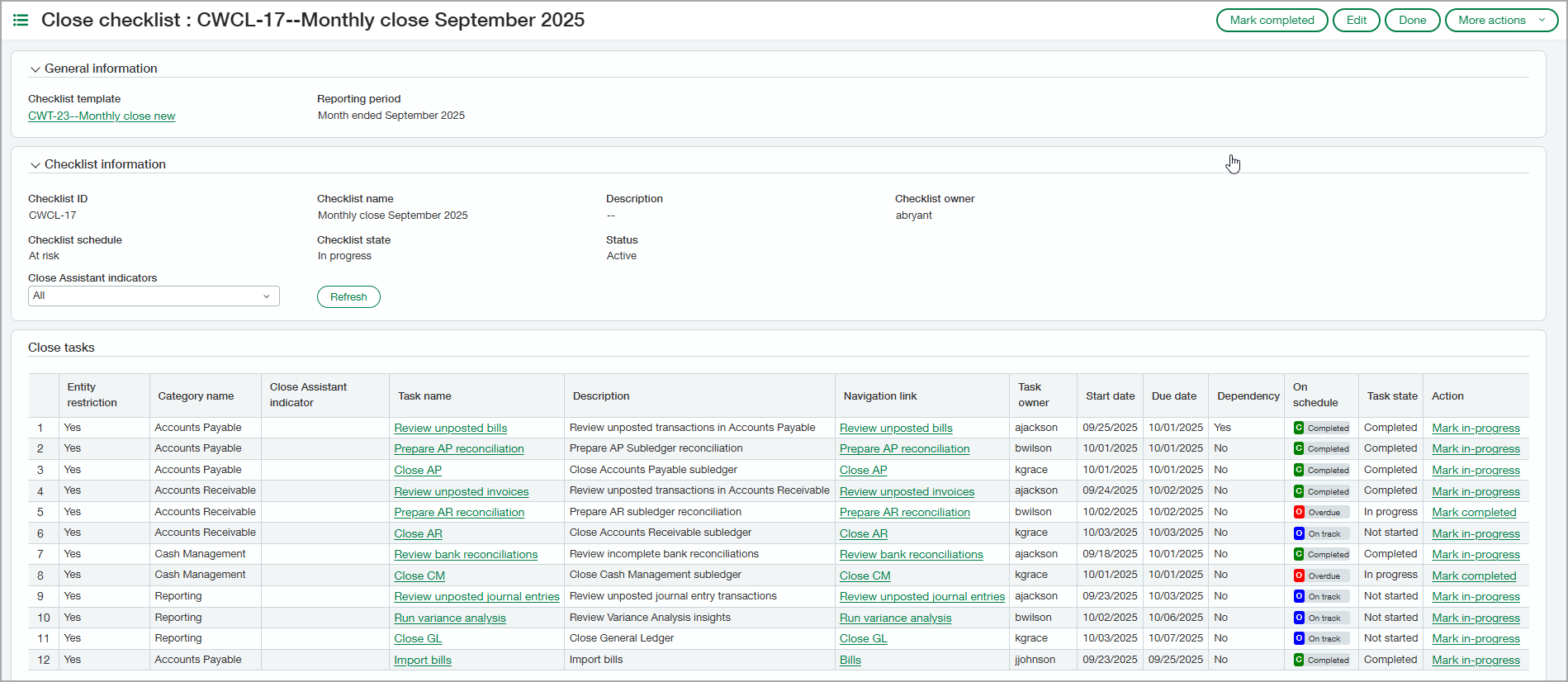 Une liste de contrôle de clôture avec plusieurs tâches répertoriées.