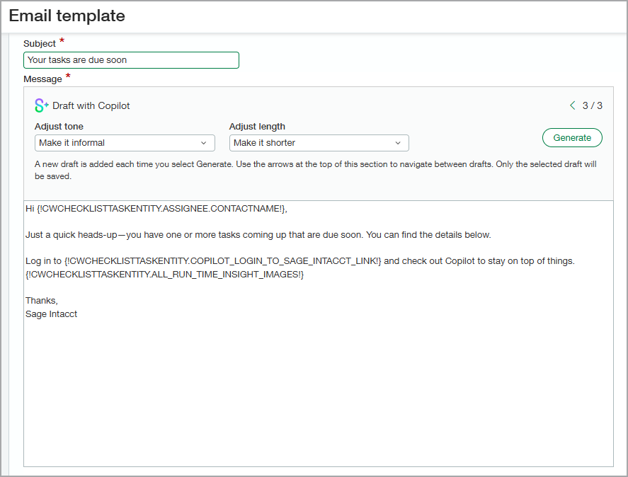Modèle d’e-mail affichant les champs Brouillon avec Copilot utilisés pour ajuster le ton et la longueur du message.
