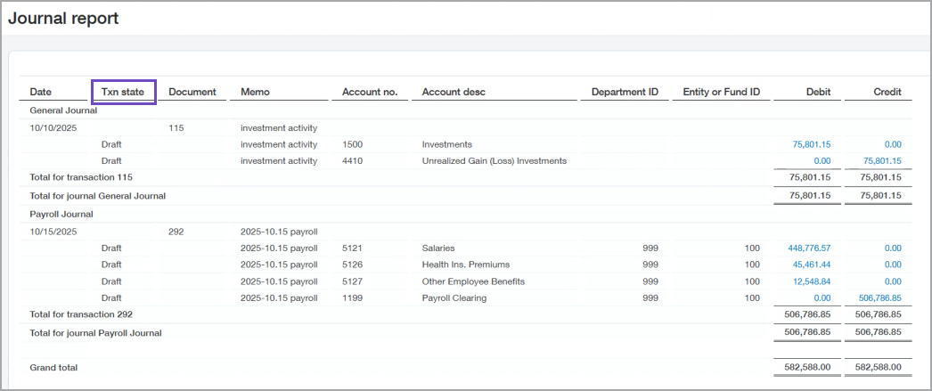 Le rapport de journal avec le nouveau statut de transaction colonne mis en surbrillance.