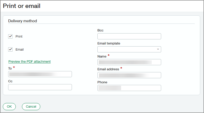 Page Imprimer ou envoyer par e-mail, indiquant les 2 modes de livraison disponibles, Imprimer ou Envoyer par e-mail