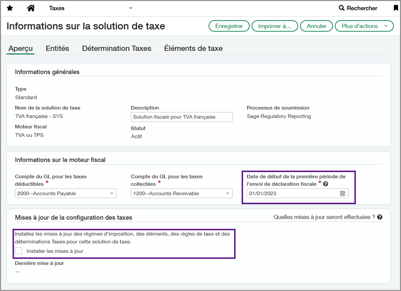 Capture d’écran de la page d’information sur la solution de taxe pour TVA française avec des zones de légende autour du champ de date de début et la case à cocher Installer les mises à jour.