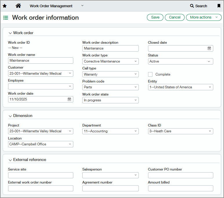 Page Informations sur le bon de travail affichant les champs du bon de travail