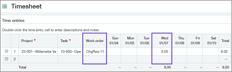Page Feuille de temps affichant les heures du bon de travail