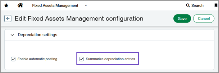 Page de configuration avec la case à cocher Résumer les écritures d’amortissement mise en évidence.