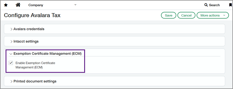 Page de configuration de l’abonnement à Avalara Tax avec une section pour la Gestion des certificats d’exemption (ECM) et la case Activer la gestion des certificats d’exemption (ECM) cochée.