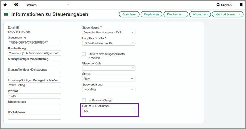 Page des éléments de taxe en allemand avec un encadré autour du champ Clé BU DATEV.