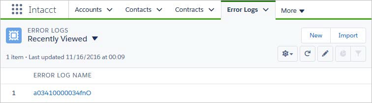 Le journal des erreurs d’Intacct dans l’interface utilisateur de Salesforce.