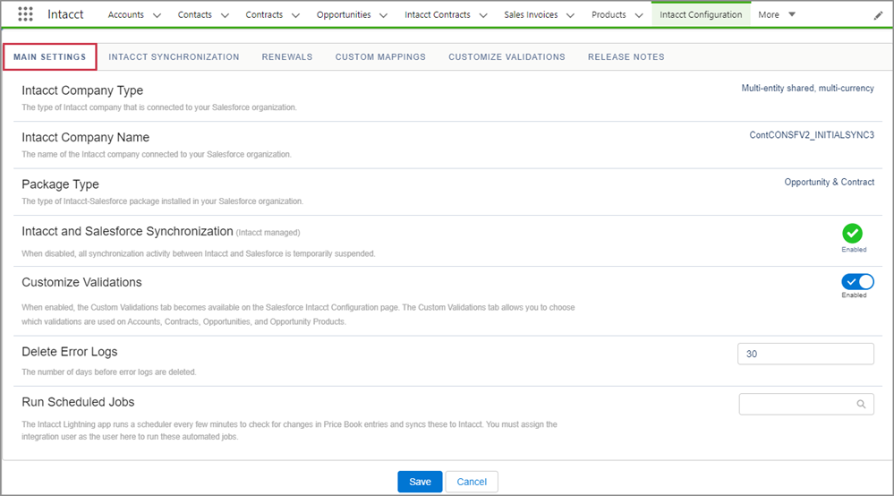 L’onglet Paramètres principaux de l’application Configuration d’Intacct dans Salesforce.